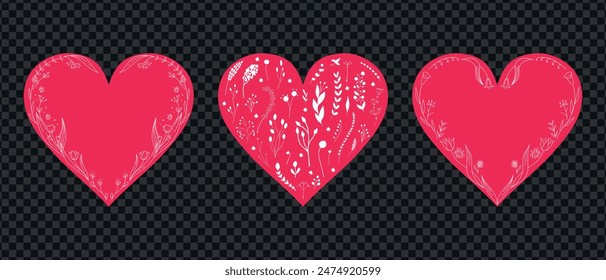 Conjunto de Formas de corazón rojo decoradas con Elementos botánicos en estilo boho. Corazones con arreglo floral sobre fondo transparente. Ilustración vectorial