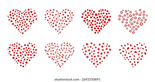 Set of red heart shapes filled with with stars hearts flowers moons perfect for romantic love design  vector illustration 