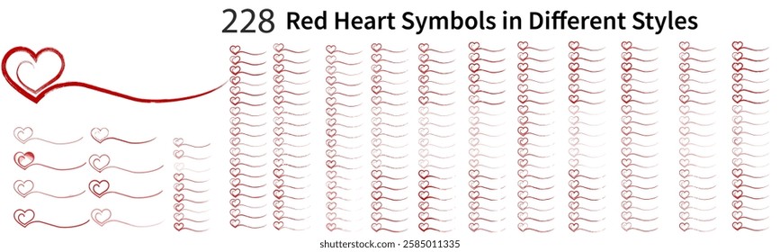 Set red heart symbols isolated on transparent background