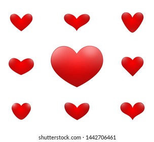 "Set of red heart vector icons on a white background.Love emblem.Graphic design in the concept of love.Vector love symbol for Valentine's Day.Vector illustration."