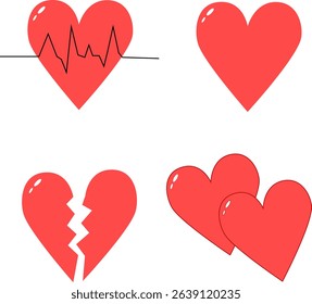 Set of Red Heart Vector Icons Showing Love, Broken Heart, Heartbeat, and Romance Symbols for Valentine's and Emotional Design Concepts