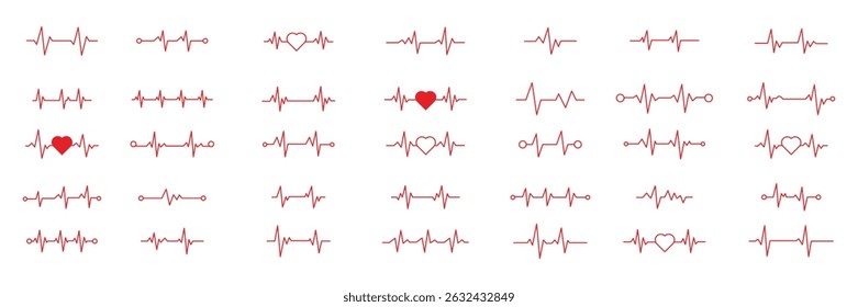 Set von Red Heartbeat Line Art Vektor einzeln auf weißem Hintergrund. Puls, Herzfrequenz, medizinisch, Gesundheit, Wellness, Kardiogramm, EKG, EKG, Herz, rot, Kunstsymbol