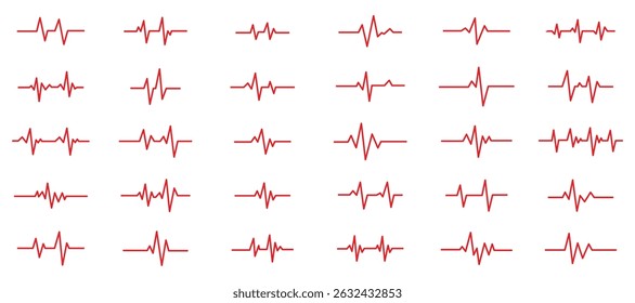 Conjunto de Vector rojo del arte de la línea del latido del corazón aislado en el fondo blanco. pulso, ritmo cardíaco, médico, cuidado de la salud, bienestar, cardiograma, ECG, corazón, rojo, símbolo del arte de la línea