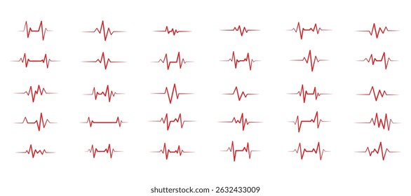 Conjunto de Vector rojo del arte de la línea del latido del corazón aislado en el fondo blanco. pulso, ritmo cardíaco, médico, cuidado de la salud, bienestar, cardiograma, ECG, corazón, rojo, símbolo del arte de la línea