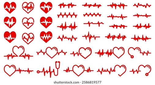 Set of red heartbeat pulse. Heartbeat icons collection