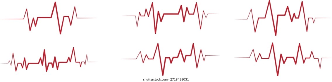 Conjunto de líneas rojas de forma de onda de latido del corazón sobre un fondo blanco. Múltiples señales de pulso de estilo ECG muestran ritmos e intensidades variadas. Ideal para diseño médico, imágenes de atención médica, gráficos de datos, 