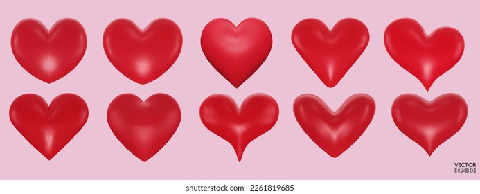 Conjunto de corazones rojos colección vectorial 3D aislada en fondo rosado. Símbolo de amor y Día de San Valentín. Icono de forma 3D del corazón metalúrgico para tarjeta de diseño. Ilustración vectorial 3D.