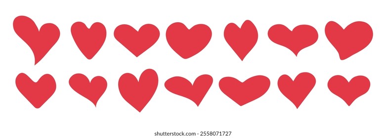 Set of red hearts. Abstract shapes decorative element. Vector isolated on white background