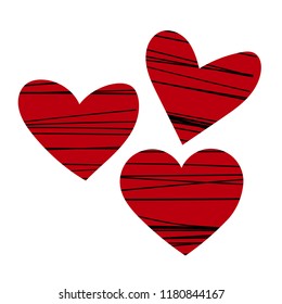 set of red hearts with black hand drawn stripes, valentine's day design, romantic collection