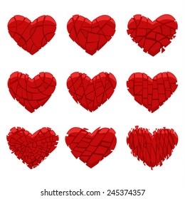 Set of red hearts broken into pieces. Vector illustration.