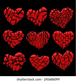 Set of red hearts broken into pieces on black. Vector illustration.