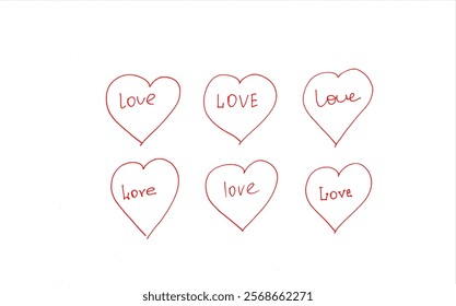 Set of red hearts with the caption love hand drawn on a white background in doodle style for valentine's day or romantic holiday