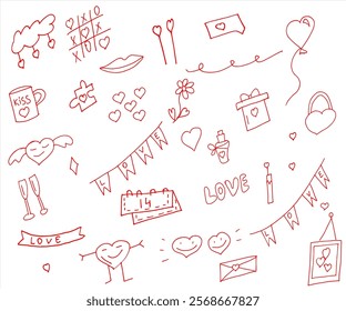 Set of red hearts with the caption love hand drawn on a white background in doodle style for valentine's day or romantic holiday.