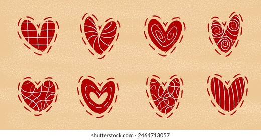 Set of red hearts with chalk texture. Hand drawn vector illustration