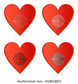 Set of red hearts with colored targets in the middle of the heart on a white background