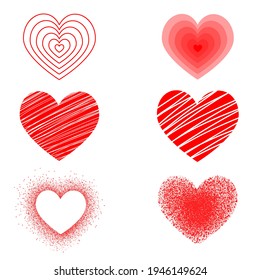 conjunto de corazones rojos con diferentes diseños aislados en un fondo blanco