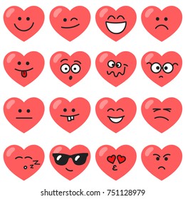 Set of red hearts with different emotions