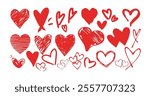 Set of red hearts in different pose. Collection of heart illustration with different style .Vector symbol icon set.