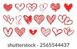 Set of red hearts in different pose. Hand drawn freehand different love hearts. Chalk drawn sketch for Valentines Day and romantic.