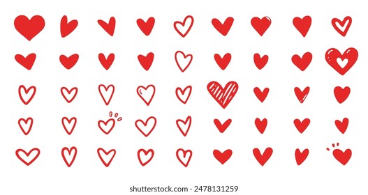 Set of red hearts in different pose. Collection of heart illustration with different style.