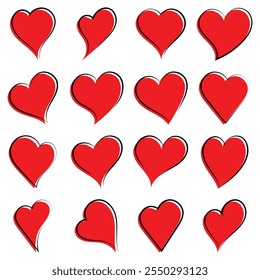 Set of red hearts in different pose. Collection of heart illustration with different style. Heart contour shape love icons.