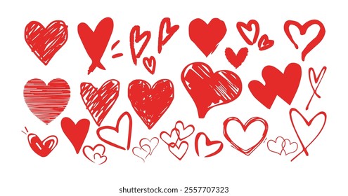 Set of red hearts in different pose. Collection of heart illustration with different style .Vector symbol icon set.