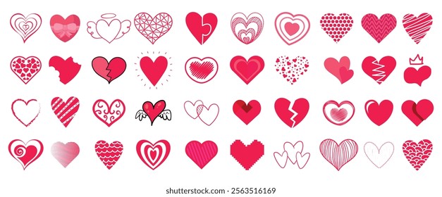 Set of red hearts in different pose. Collection of heart illustration with