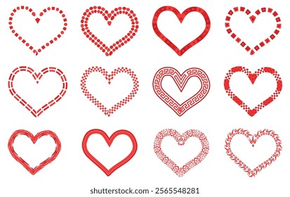 Set of red hearts in different pose. Set of Decorative Frames in Shapes of Heart. Valentine's Day Decorative Borders. Love Concept Background.