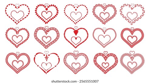 Set of red hearts in different pose. Set of Decorative Frames in Shapes of Heart. Valentine's Day Decorative Borders. Love Concept Background.