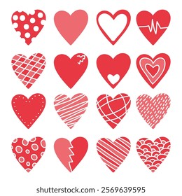 Set of red hearts in different pose. Collection of heart illustration with different style.