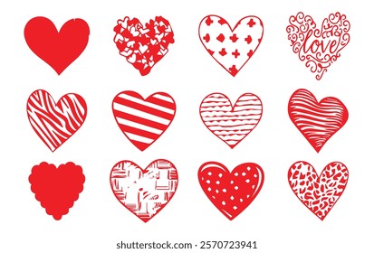 Set of red hearts in different pose. Collection of heart illustration with different style.