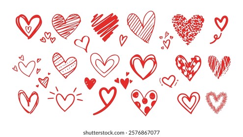 Set of red hearts in different pose. Collection of heart illustration with different style .Vector symbol icon set.