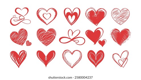 Set of red hearts in different pose. Collection of heart illustration with different style .Vector symbol icon set. Big set of stylized festive red hearts white background 