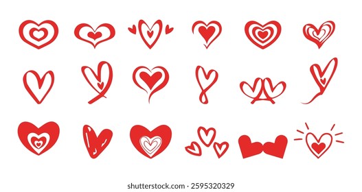 Set of red hearts in different pose. Collection of heart illustration with different style .Vector symbol icon set.