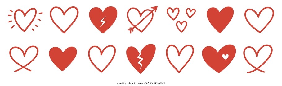 Set of red hearts in different poses. Hand drawn different love hearts. Chalk sketch for Valentine's Day and romance