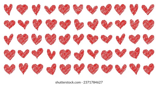Set of red hearts of different shapes, doodle drawing, hatched