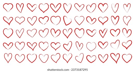 Set of red hearts of different shapes, brush drawing