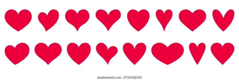 Conjunto de corações vermelhos em diferentes formas. Ilustração vetorial isolada em um fundo branco. Elemento gráfico festivo para o dia dos namorados, casamento, convites e design digital.