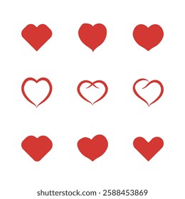 set of red hearts in different style love symbol heart icon vector