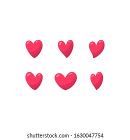 Set of red hearts in flat style on white background. Vector isolated illustration. For decoration Valentine's day. For banners, greeting cards, invitations, party decoration, web design, printing.