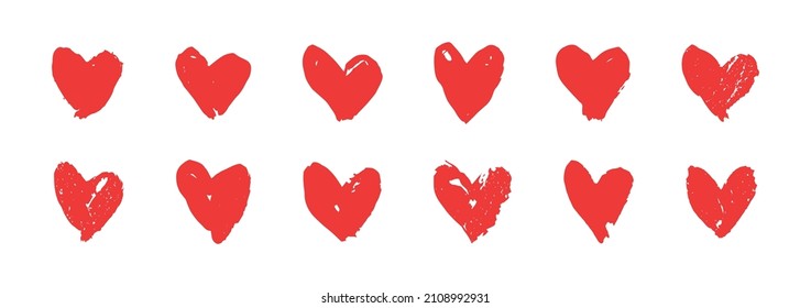Set of red hearts. Freehand drawing, abstract illustration grunge elements. Valentine's day concept. Vector abstract hearts for design.