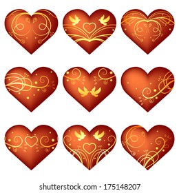 Set of red hearts with golden ornament for wedding and valentine's day design isolated on white background. Vector illustration 