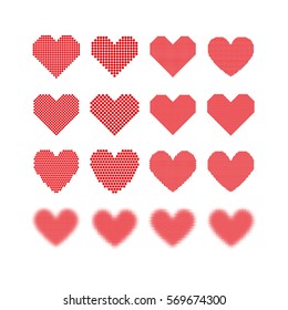 Set of red hearts with halftone effect