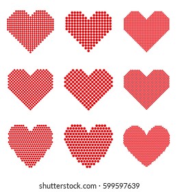 Set of red hearts with halftone effect