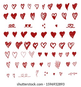 Set of red hearts hand drawing with pastel, marker, liner. Hand drawing collection of elements for patterns, valentines cards, invitations, posters and fabric. White isolated background.