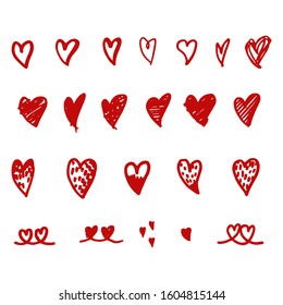 Set of red hearts hand drawing with marker. Graphic collection on white isolated background. Vector design elements for patterns, valentines cards, invitations, posters and fabric. Simplicity.