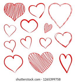 Set of red hearts hand drawn. Vector illustration