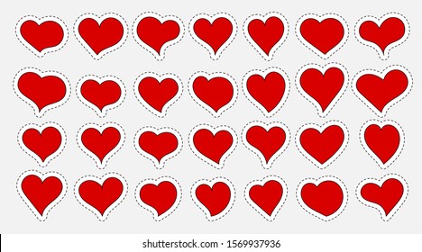 Set of red hearts. Hand drawn. Collection of beautiful stickers isolated on gray background. Vector illustration