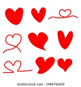 Set of red hearts hand drawn style​. vector illustration on white background.