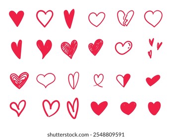 Conjunto de corazones rojos dibujado a mano estilo, icono de amor, romance